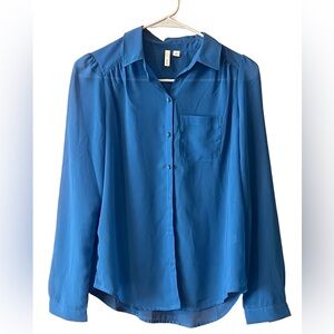 Sheer Royal Blue Button-Up Blouse Sz XS New